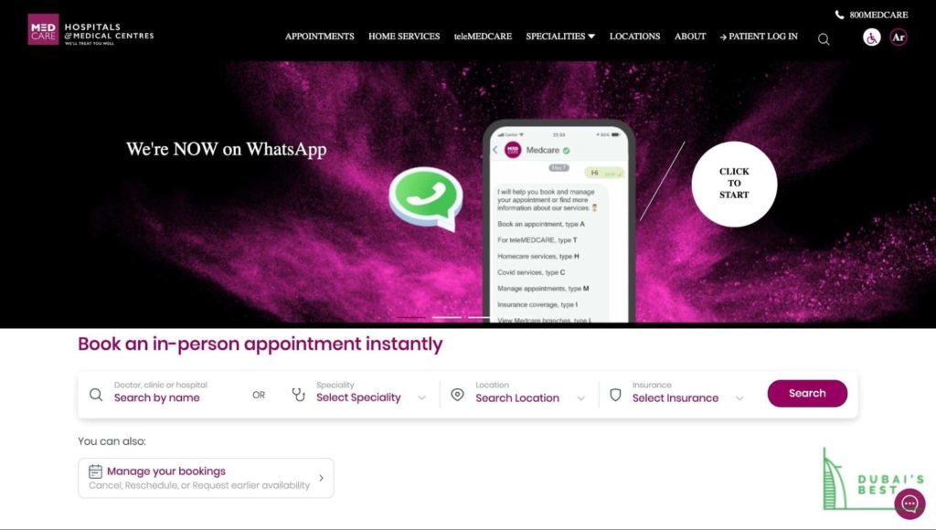 Medcare Hospitals and Medical Centres' Homepage