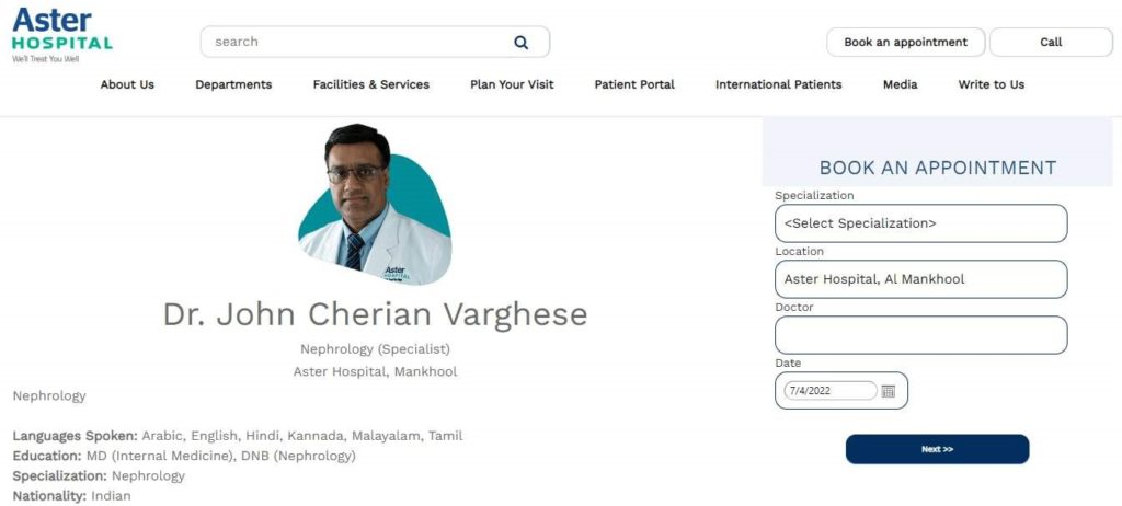 Dr. John Cherian Varghese of Aster Hospital Homepage