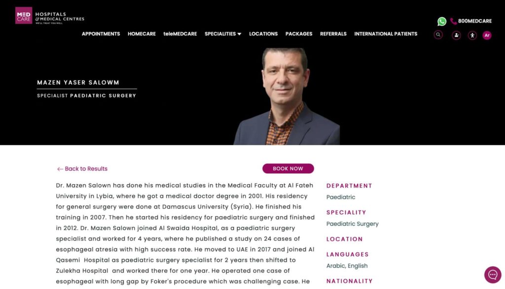 Dr. Mazen Salowm of Medcare Women and Children Hospital Homepage