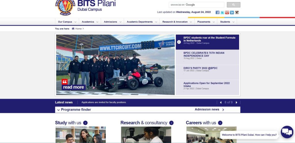 BITS Pilani Dubai Homepage
