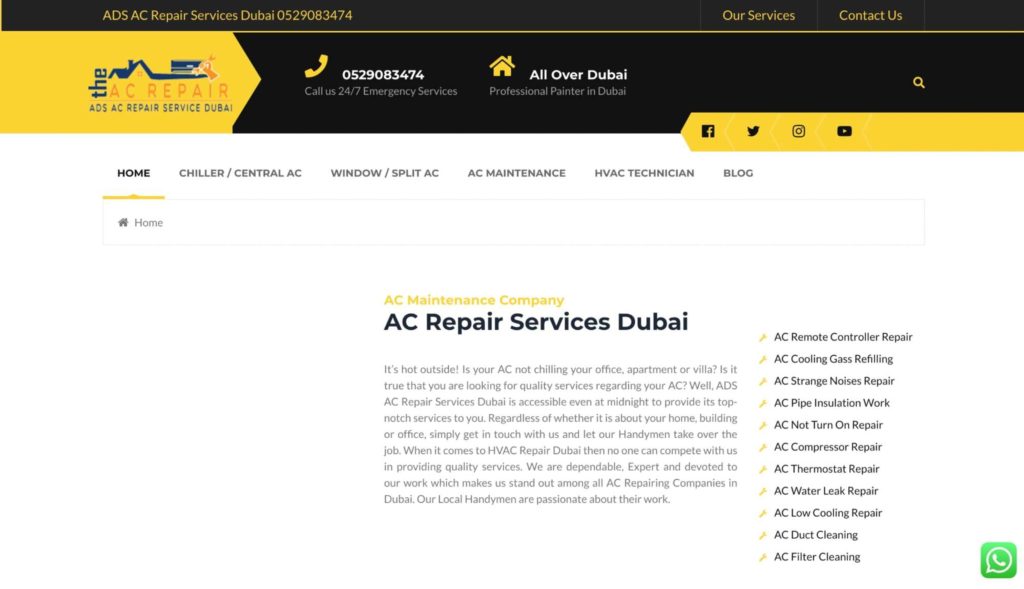 ADS AC Repair Service Dubai Homepage