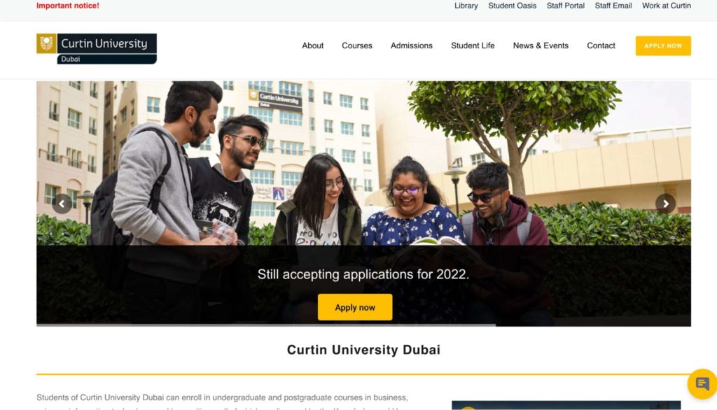 Curtin University Dubai Homepage